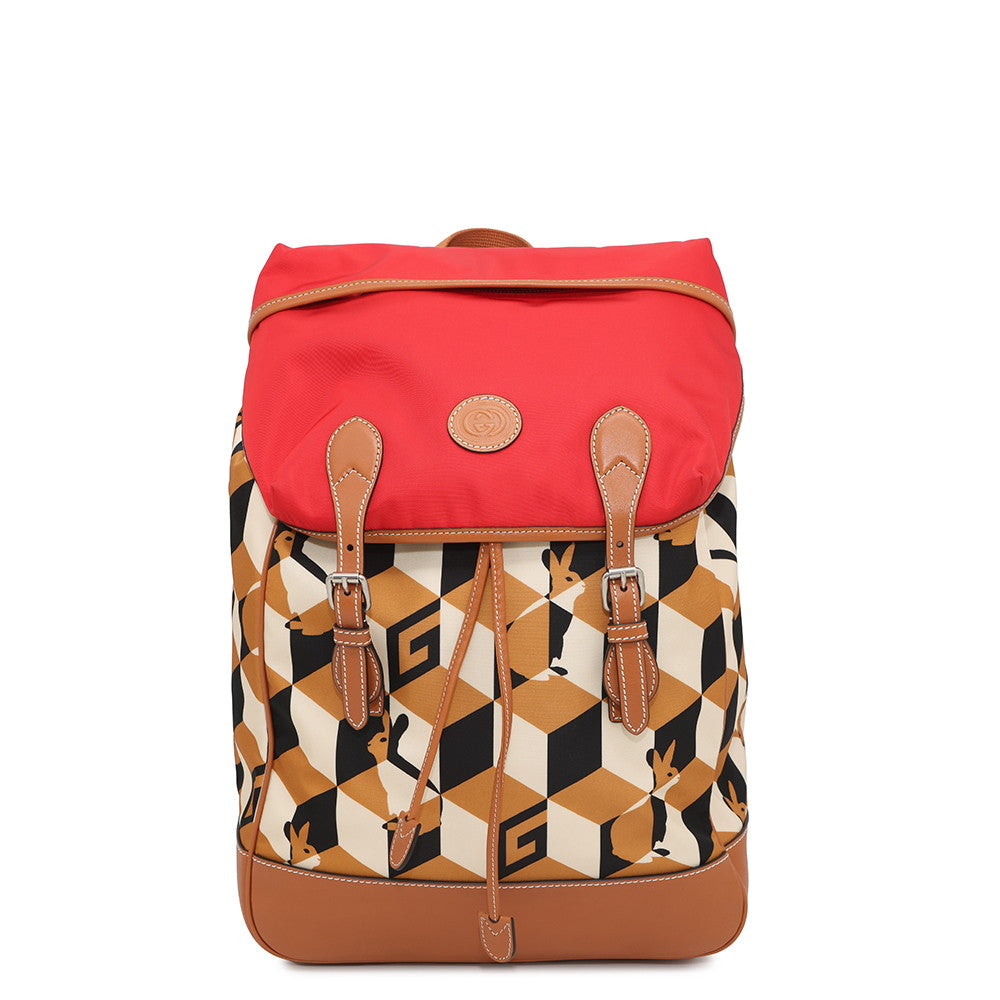 Gucci Interlocking G Backpack Red696013 Leather Nylon Brown