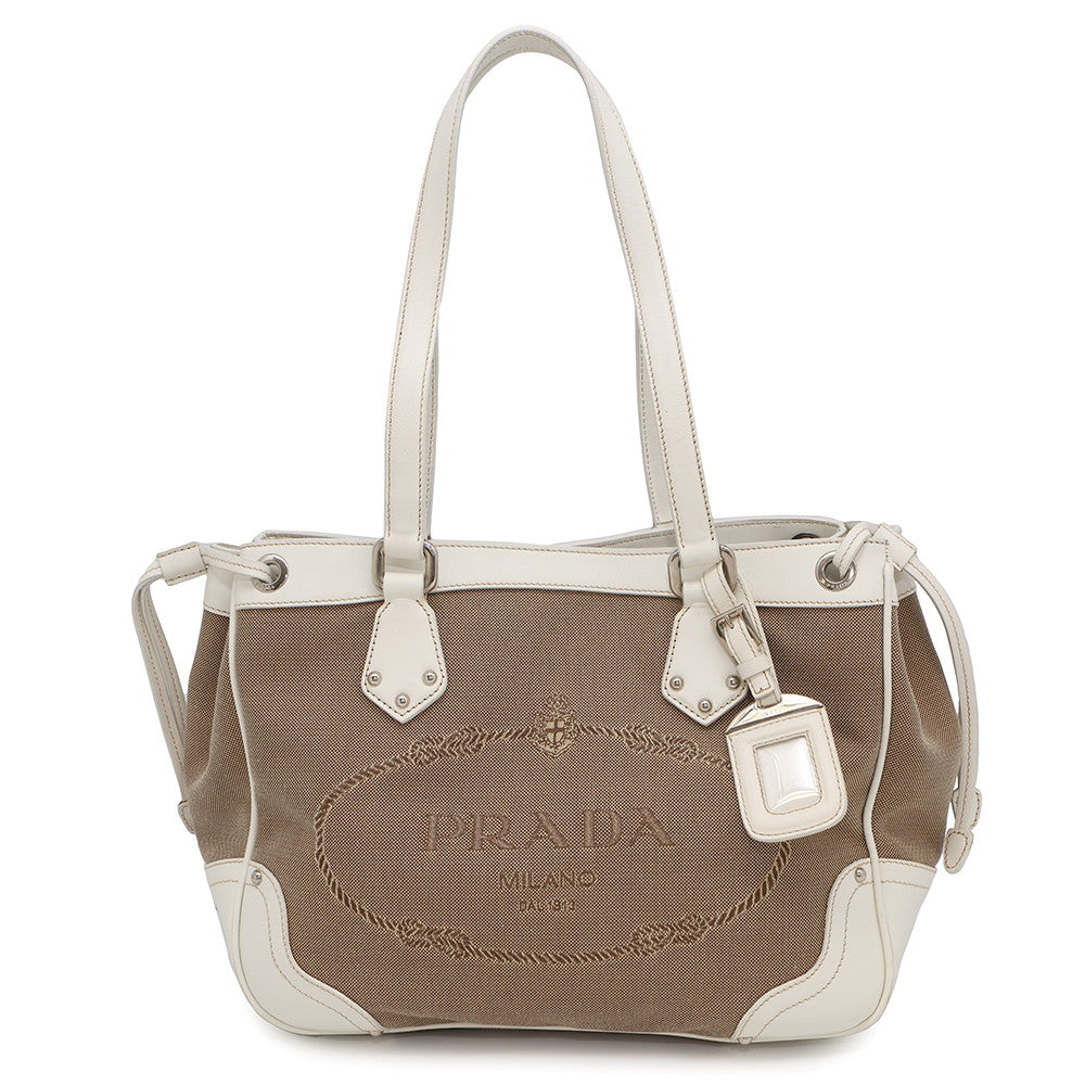 Logo Jacquard Handbag Beige Whitebr Leather Canvas Travel Bag