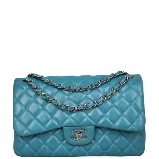 Chanel Classic Double Jumbo Peacock Handbag Blue Flap