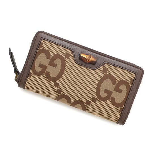 Gucci Jumbo GG Bamboo Zip Around Leather Canvas Beige Wallet Case