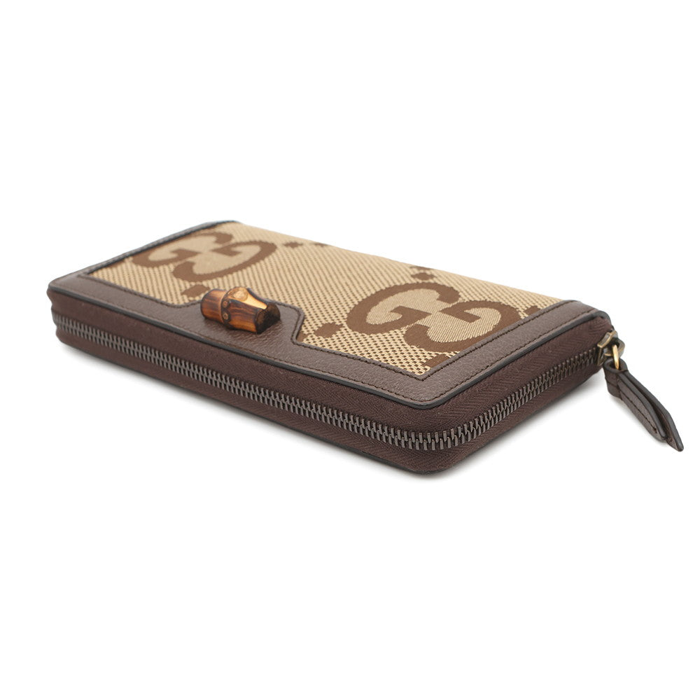 Gucci Jumbo GG Bamboo Zip Around Leather Canvas Beige Wallet Case