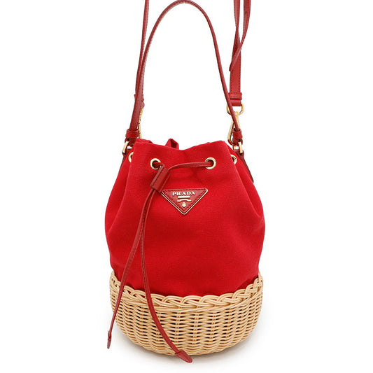 Prada ?Drawstring bag Red1BH115 Canvas Raffia Bucket Bag