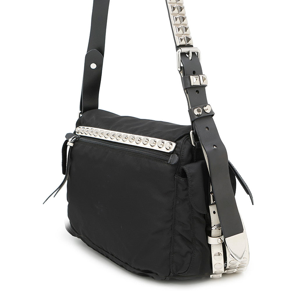Studded Shoulder Bag White Bd Leather Nylon