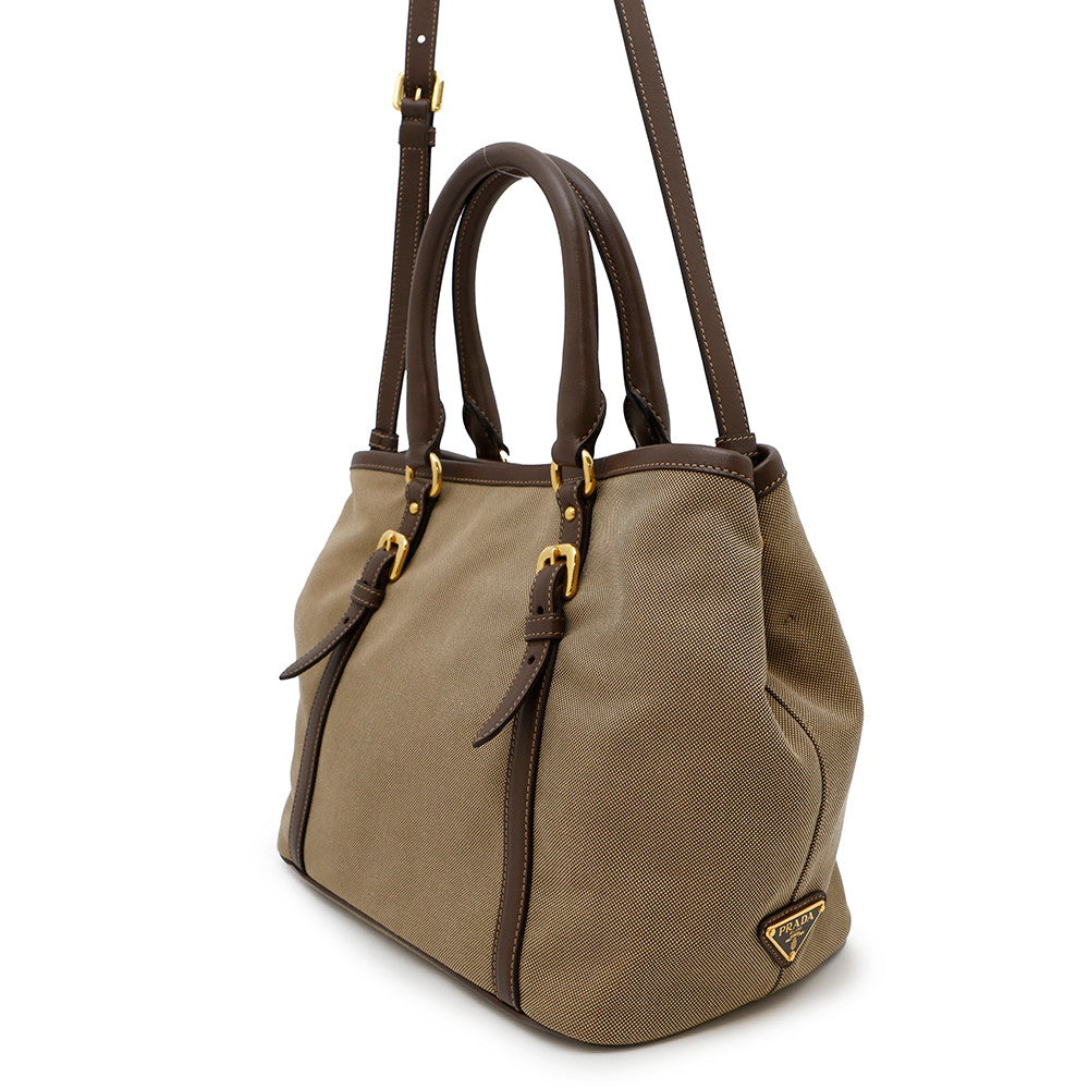 Logo Jacquard Way Tote Bag Khakibn Leather Canvas