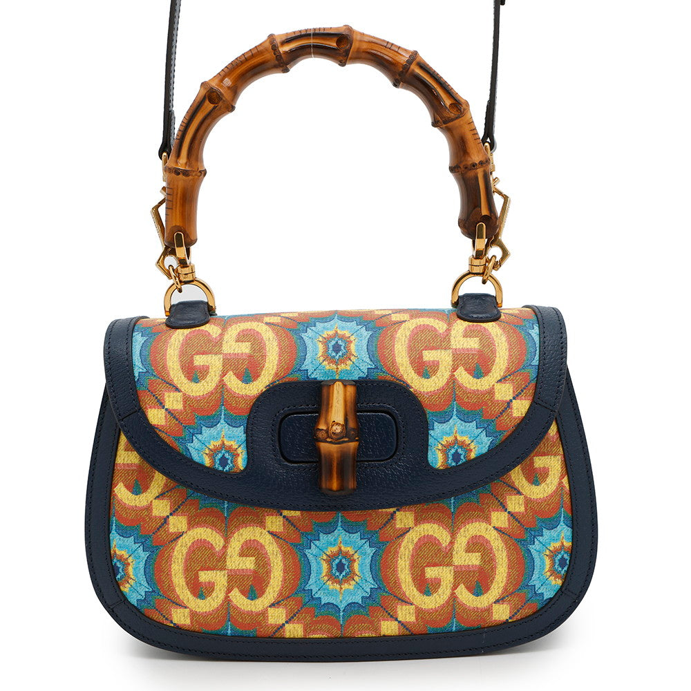 Gucci Bamboo GUCCI100 2-Way 100th Anniversary Leather Blue Medium Travel Bag