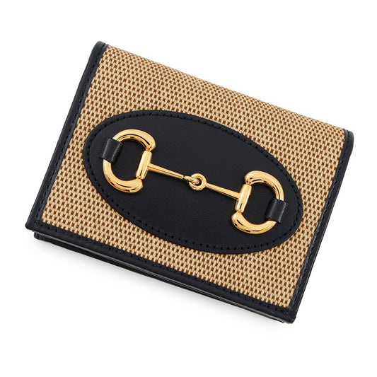 Gucci Horsebit Compact Straw Leather Beige Wallet Case