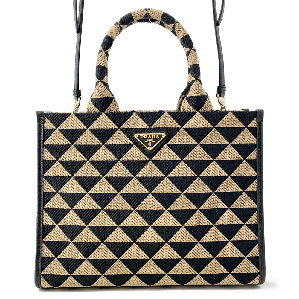 Prada Symbol EmbroideryFabric Beige1BA354 Jaguar Leather Black Handbag