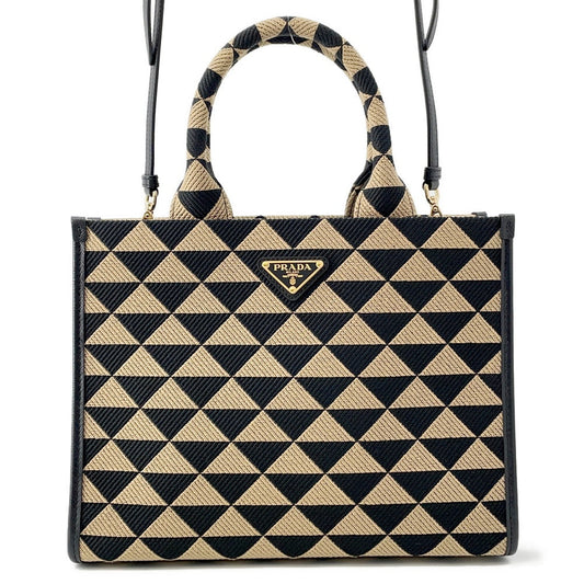 Prada Symbol EmbroideryFabric Beige1BA354 Jaguar Leather Black Handbag
