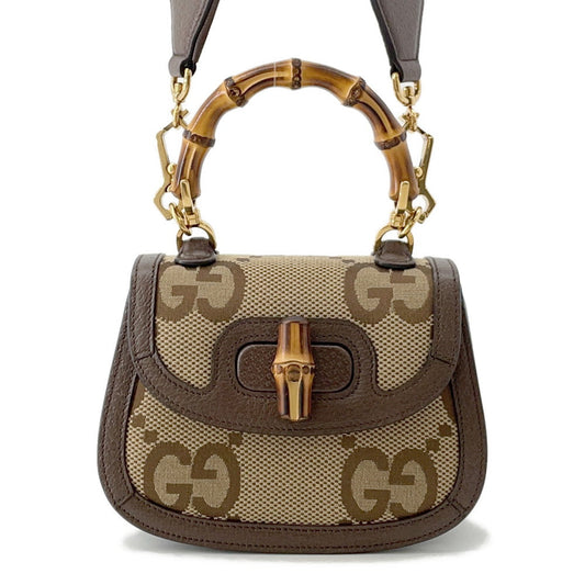 Gucci Bamboo Jumbo GG Top Handle Leather Canvas Beige Mini Travel Bag 2