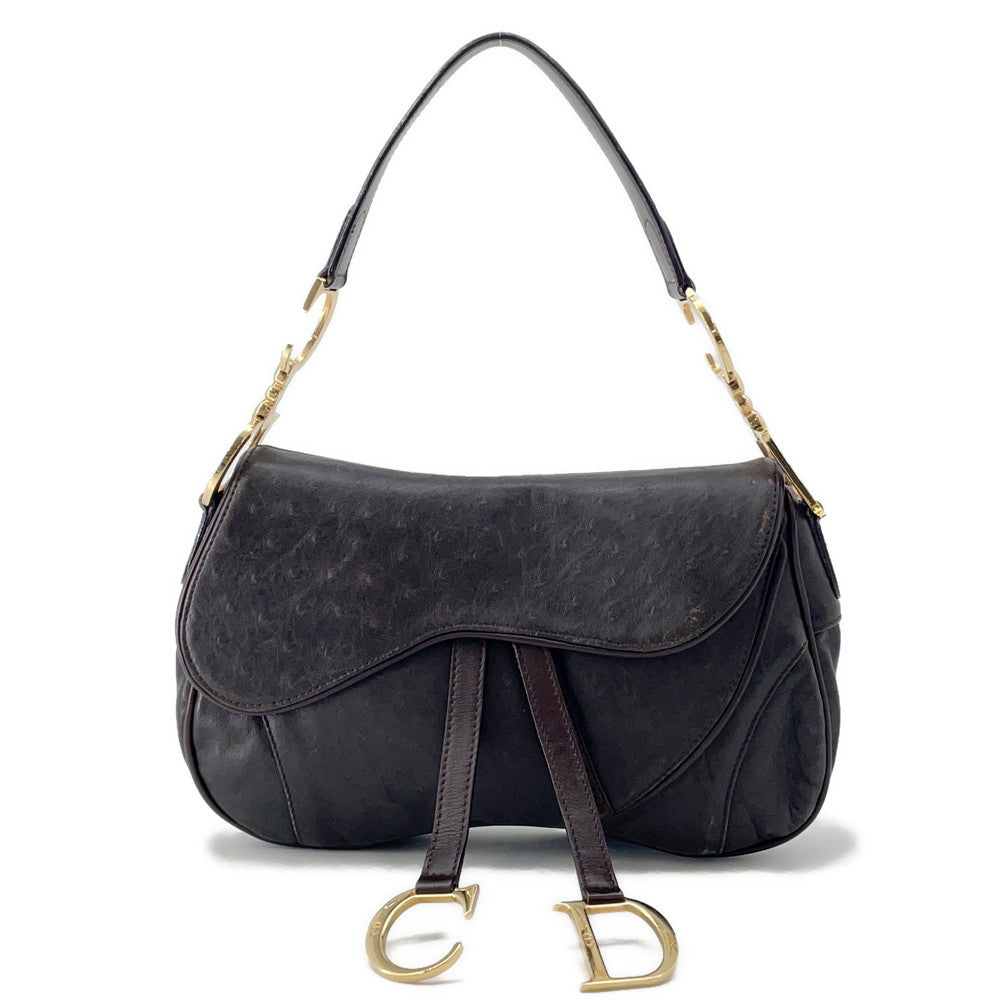 Dior Saddle Oneshoulder Bag Autruche Embossed Leather Brown