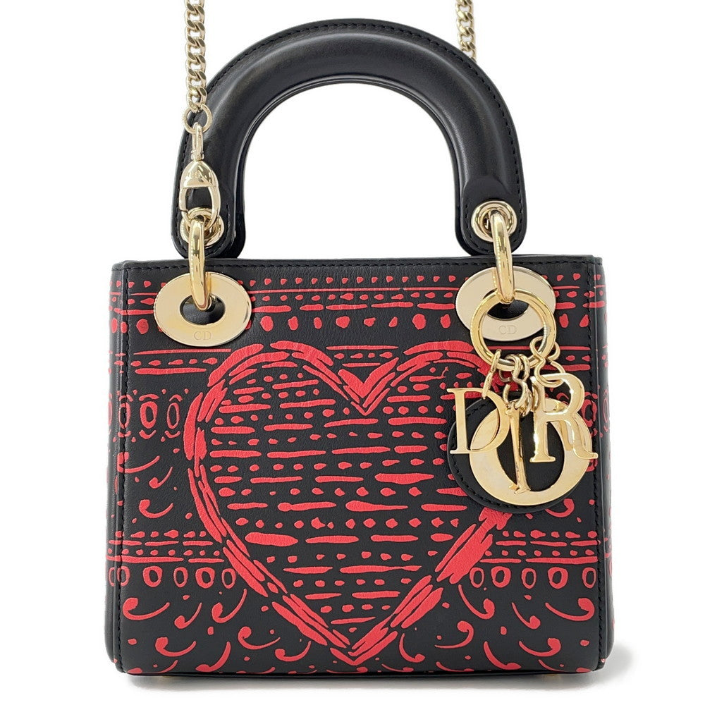 Dior Handbag Lady Leather Black Red Mini Bag