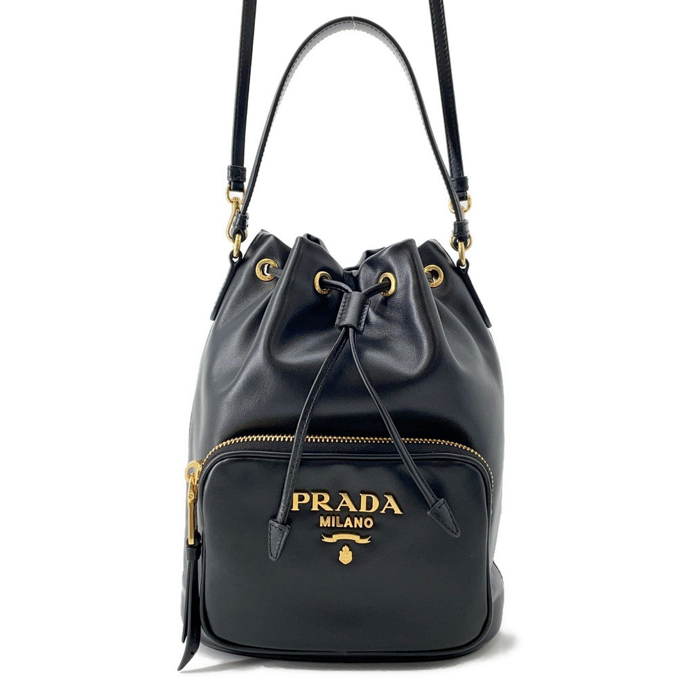 Prada Duet Drawstring Bag Shoulder Bag Black1BH038 Soft Calf Leather