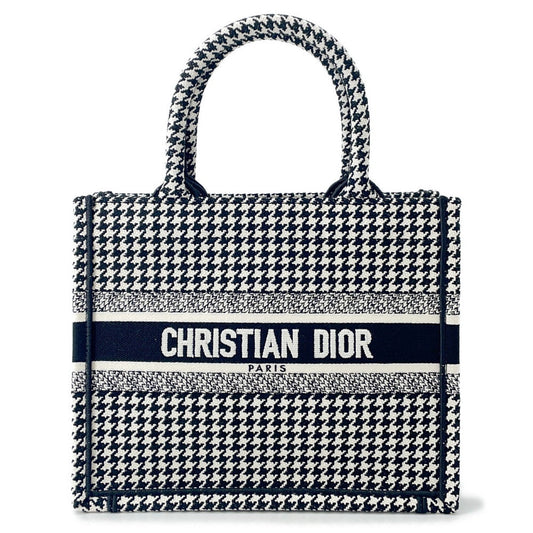 Dior Tote Bag Book Tote Houndstooth Pattern Canvas Black White