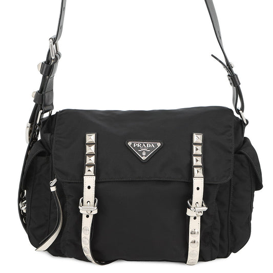 Prada Shoulder Bag Studded White1BD118 Leather Nylon Black