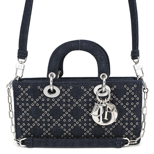 Dior Handbag Eyelet Detail Ladies D-JOY 2-Way Bag Denim Navy Medium