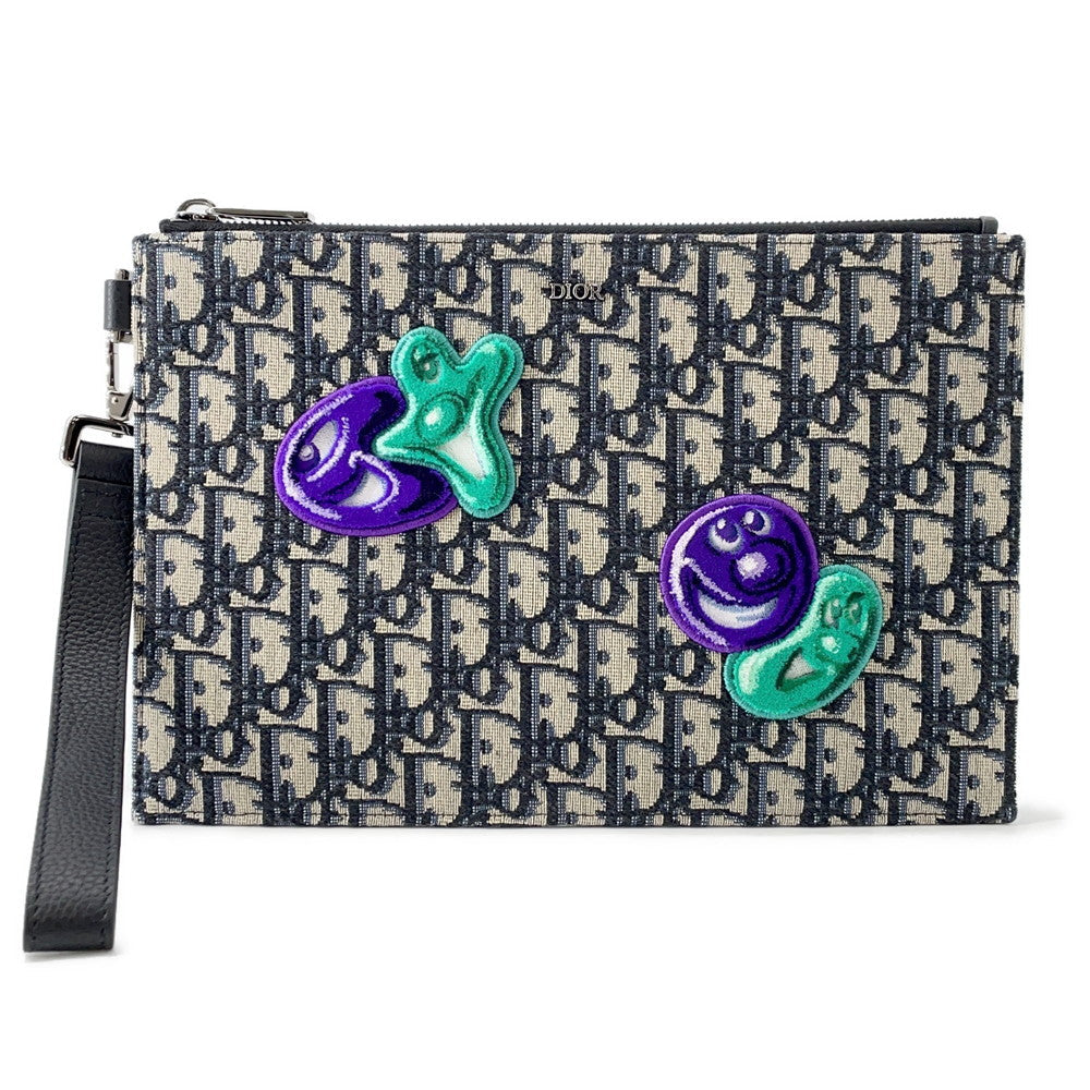 Dior Clutch Bag Kenny Scharf Collaboration Oblique Jacquard Canvas Black Beige