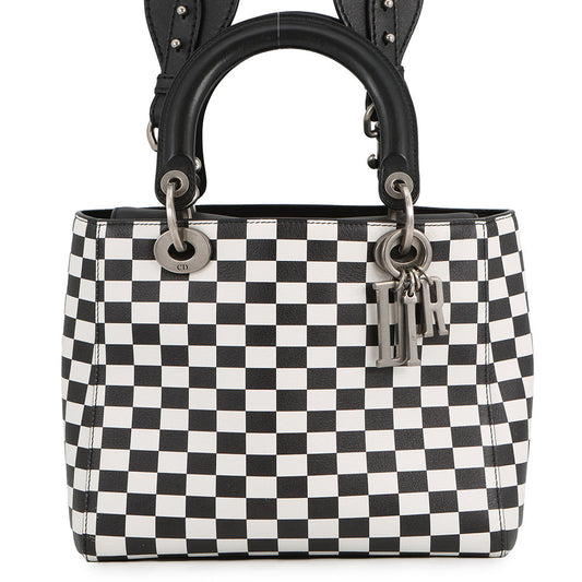 Dior Handbag Lady's Checkered 2-Way Bag Leather Black White