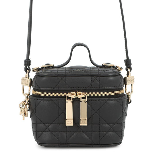 Dior Handbag Cannage 2-Way Vanity Shoulder Pouch Leather Black Shoulder Bag
