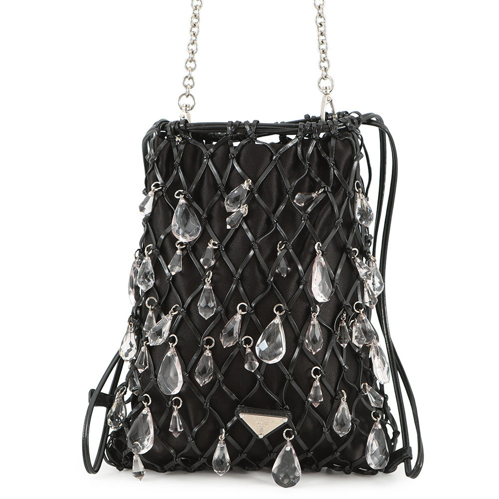 Prada Shoulder Bag Bijoux Drawstring Bag Leather Satin Black