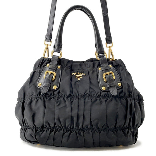 Prada Gathered 2WAY BlackBN2346 Leather Nylon Tote Bag
