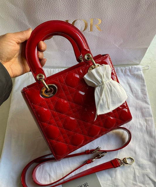 Dior Lady Patent With Strap Handbag Leather Red Travel Bag