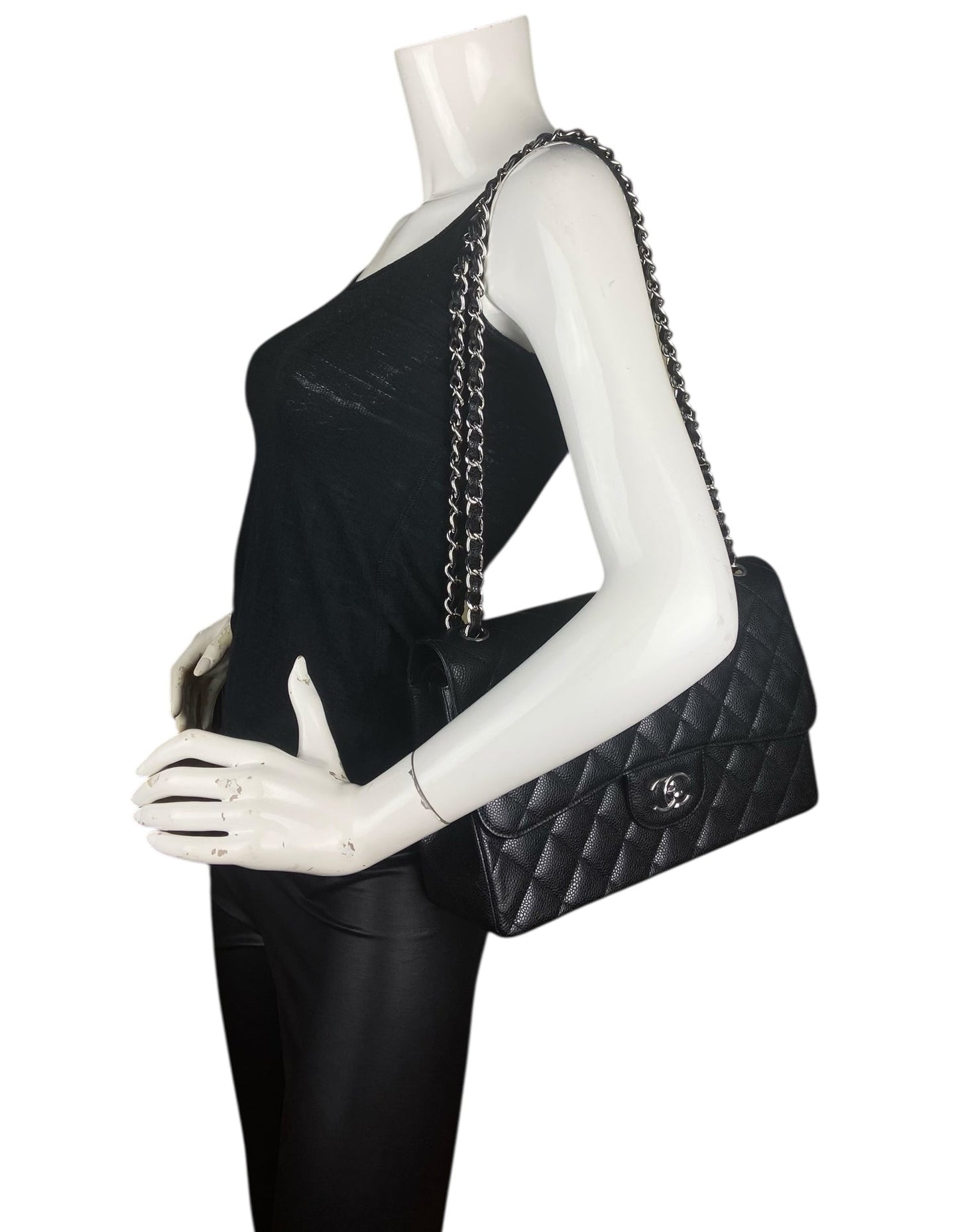 Black Caviar Leather Double Flap Jumbo Bag Signature