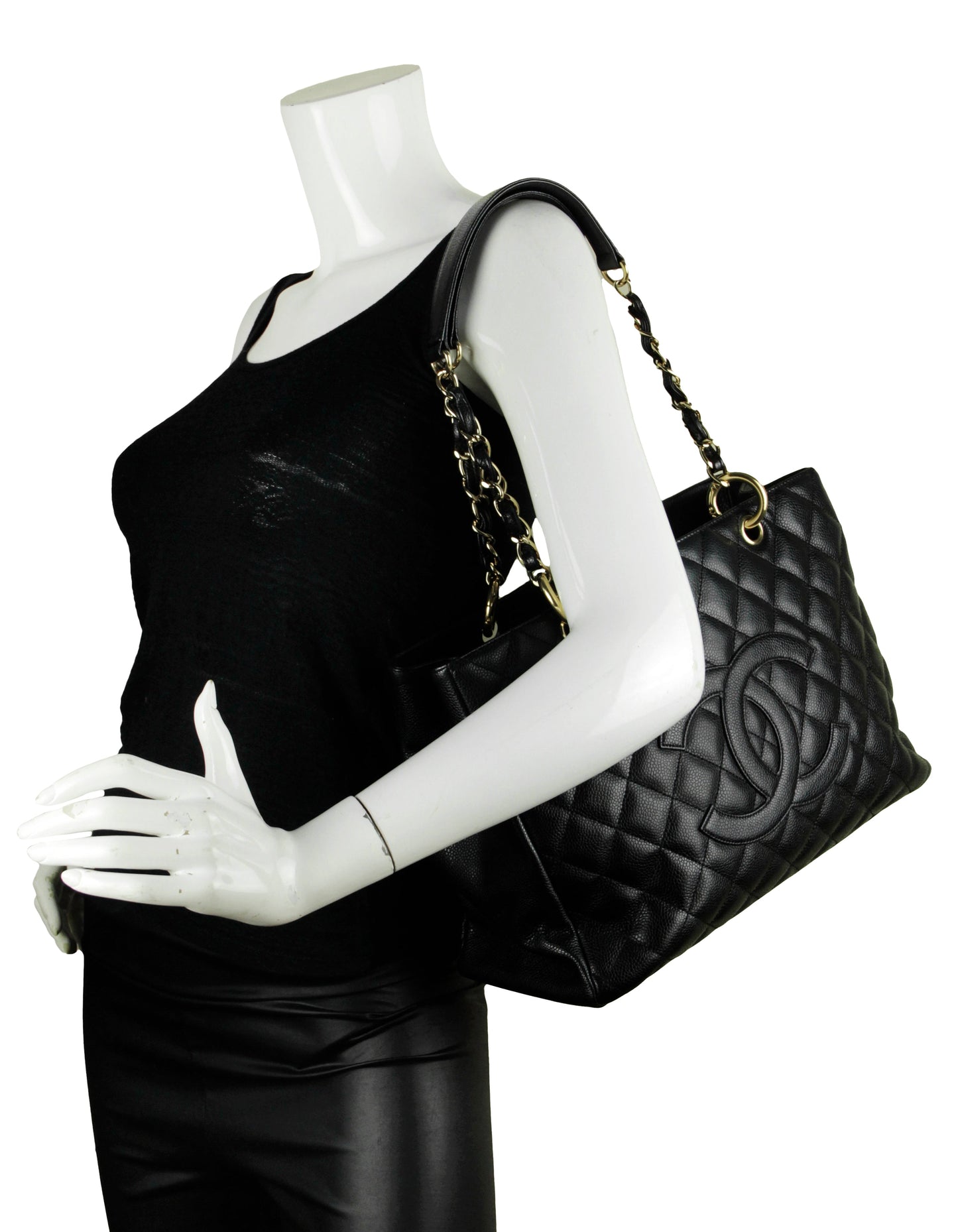 Black Caviar Leather Quilted Grand Shopper Tote GST Bag Signature