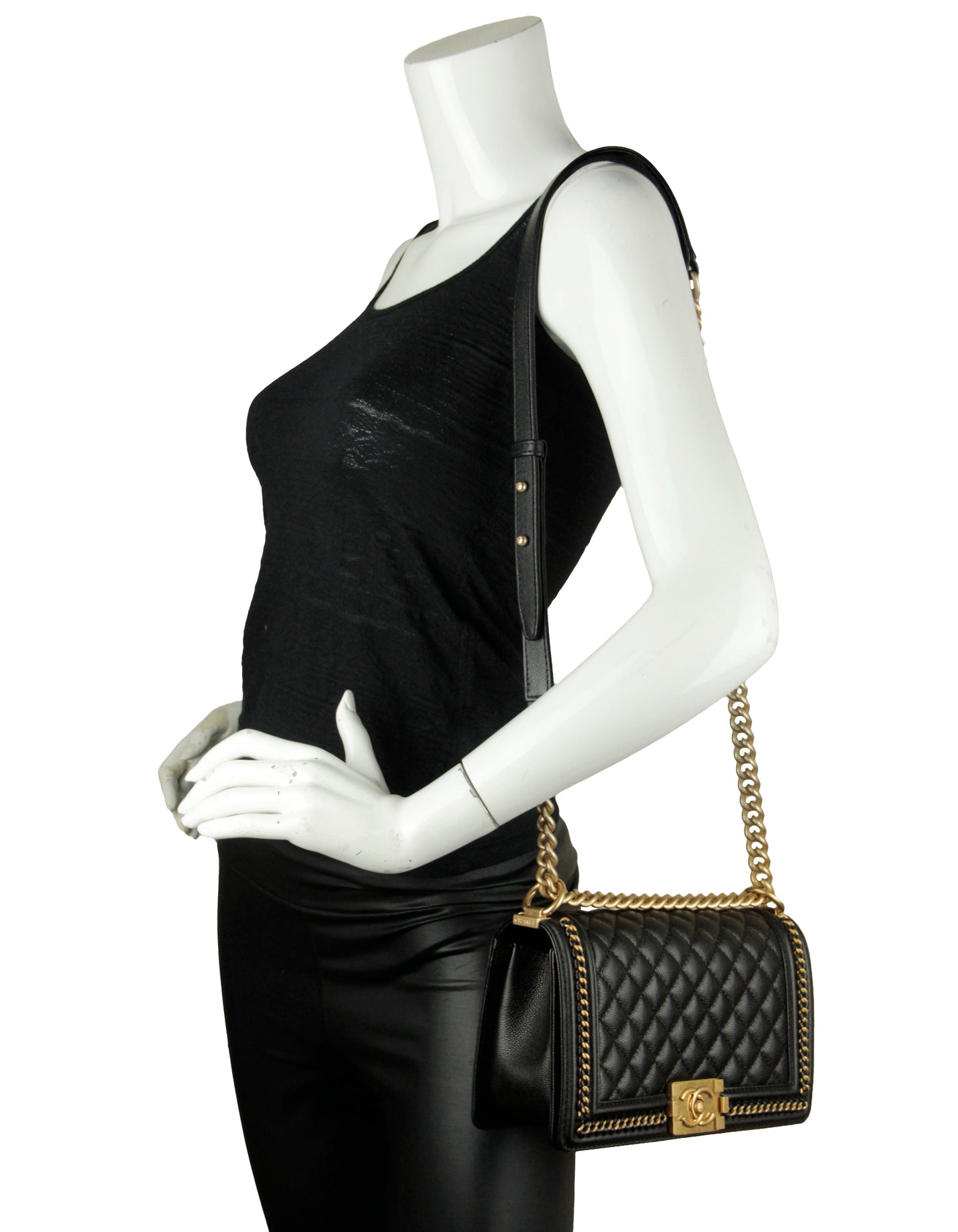 Chanel Black Caviar Quilted Medium Chain Through Boy Flap Bag