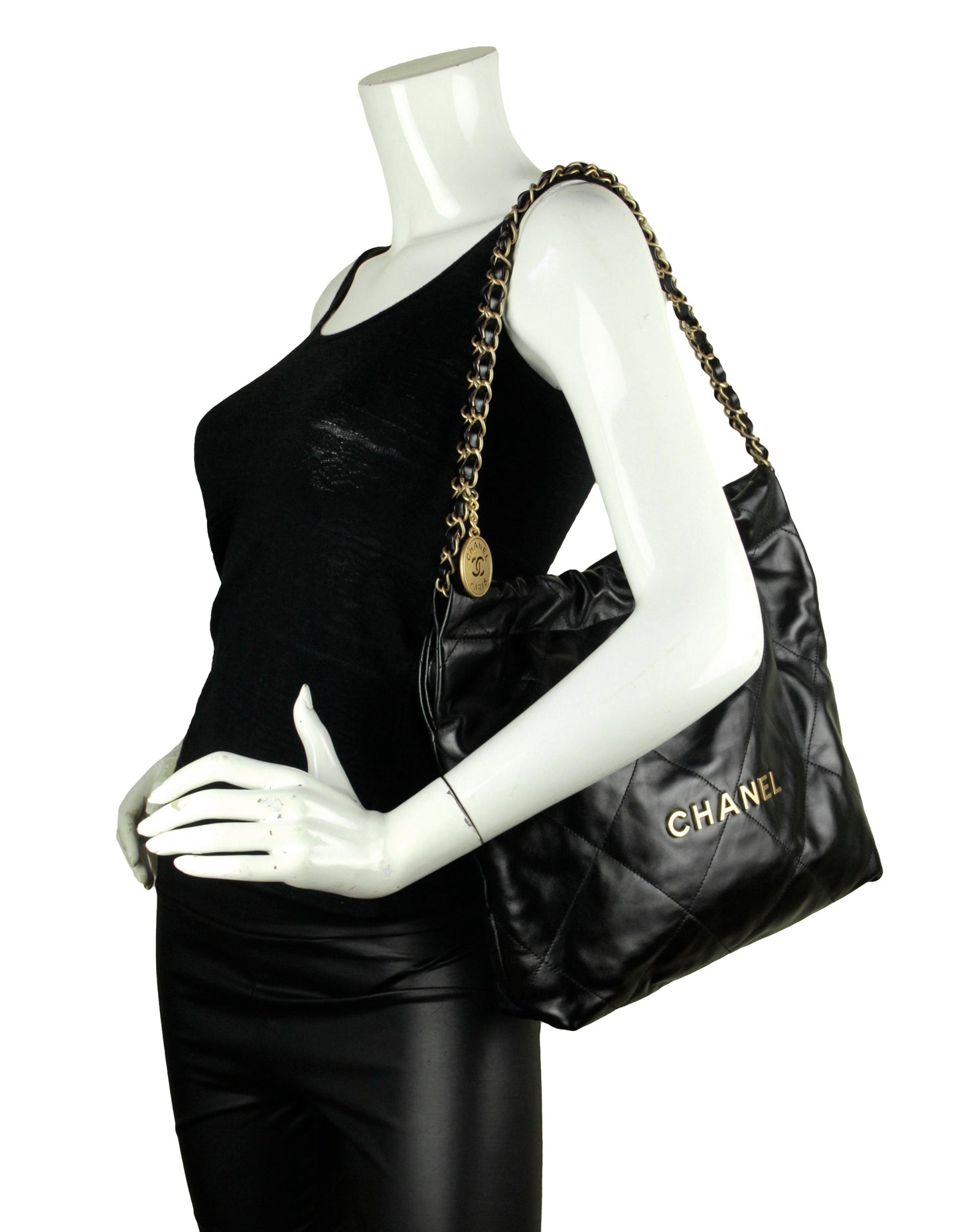 Chanel Black Shiny Calfskin Quilted Small 22 Tote Bag