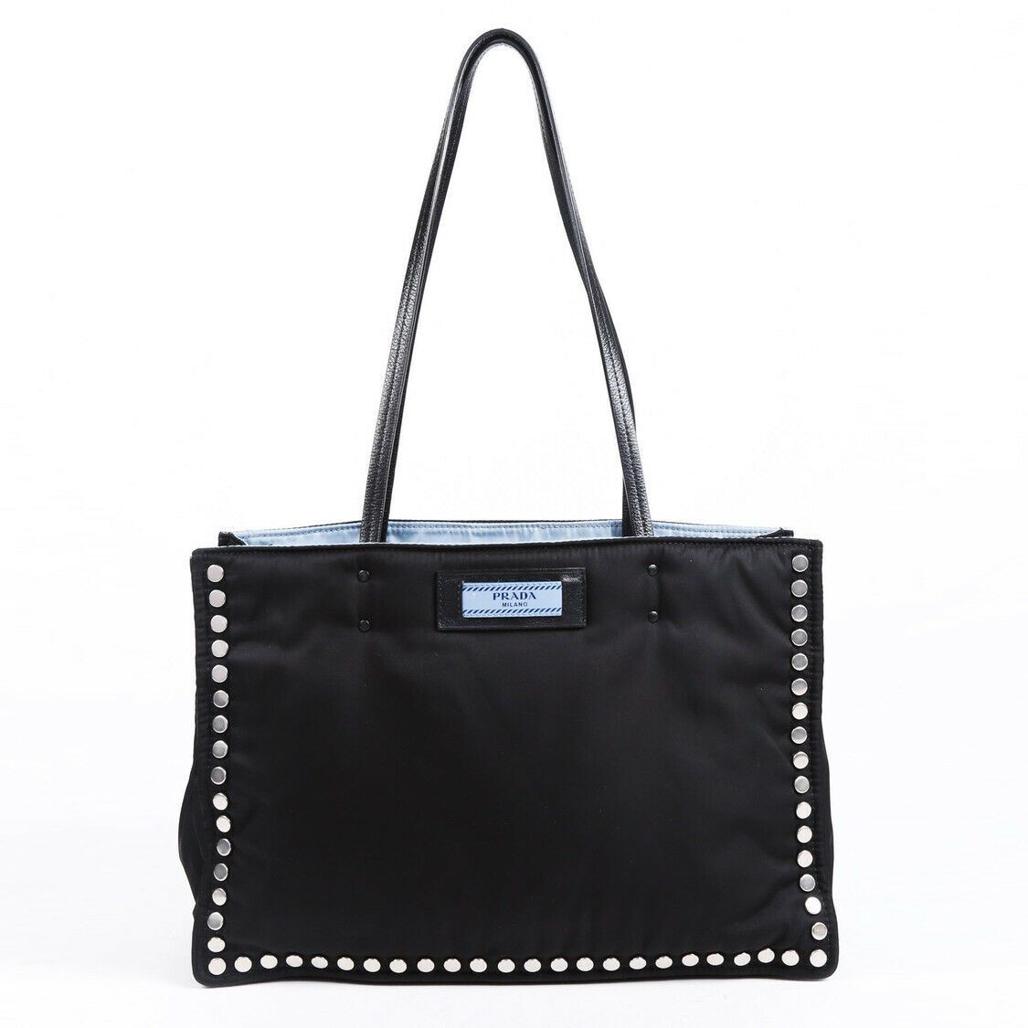 Prada Bag Etiquette Studded Tote Nylon Black Blue Tote Bag