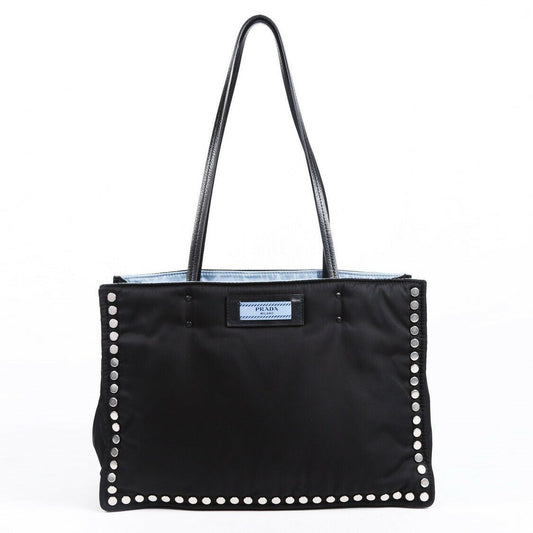 Prada Bag Etiquette Studded Tote Nylon Black Blue Tote Bag