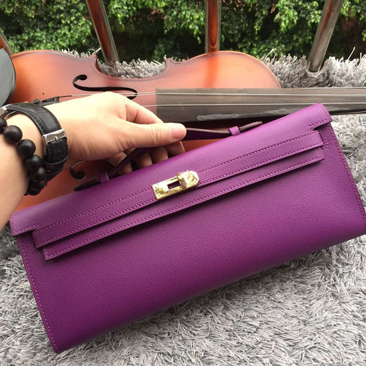Hermes Luxury Purple Handcrafted Kelly Cut Clutch Handbag Clutch Bag
