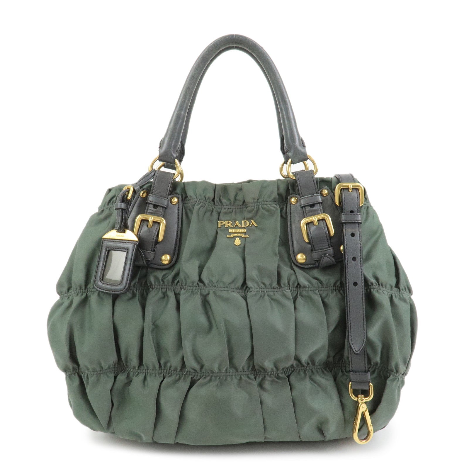 Triangle 2Way Bag Hand Bag Leather Nylon Green Handbag