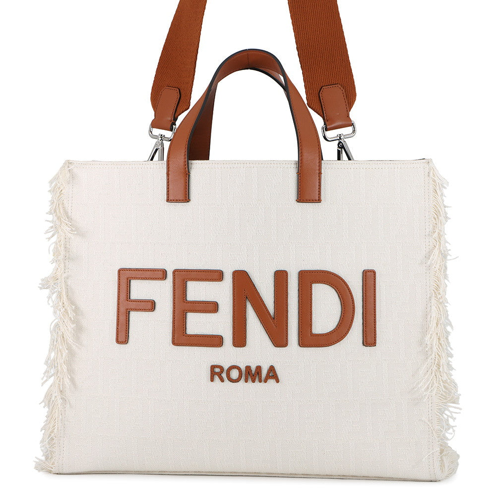 Fendi Tote Bag Brown7VA591 Leather Canvas White