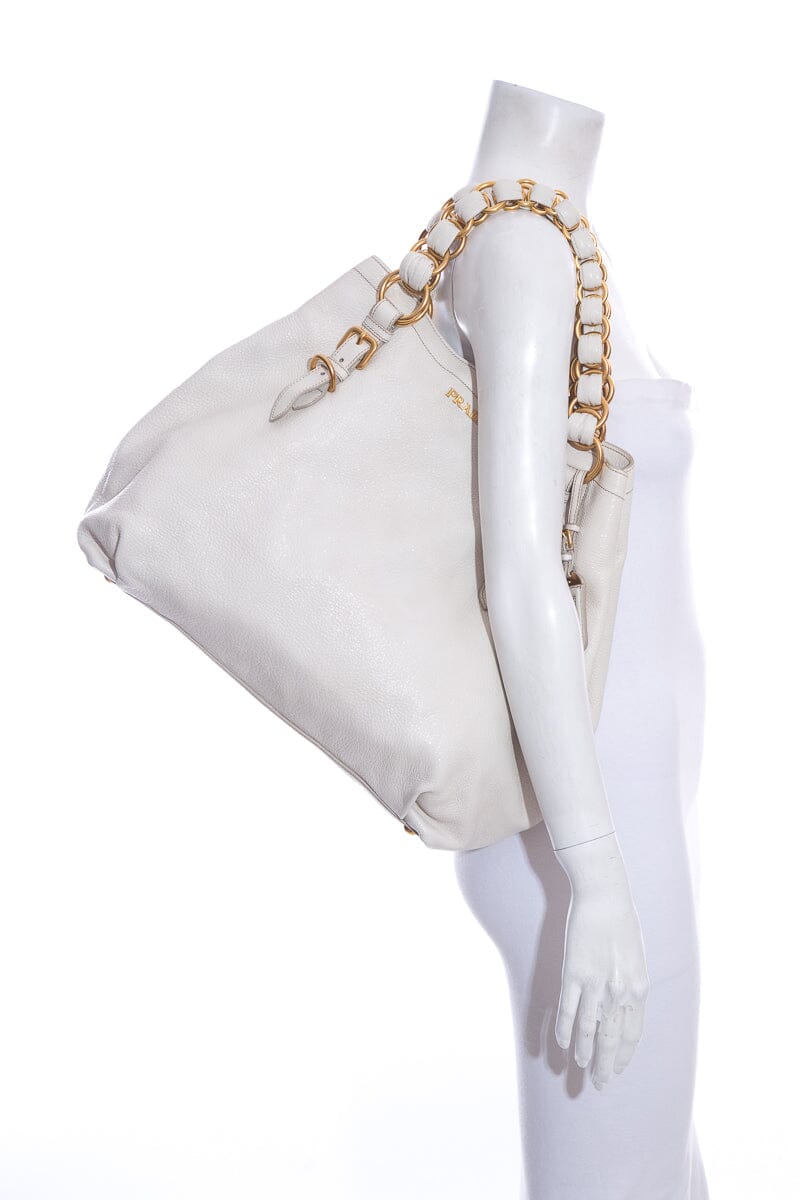 Prada Ivory Hobo Handbag Leather Gold Chain Shoulder Bag