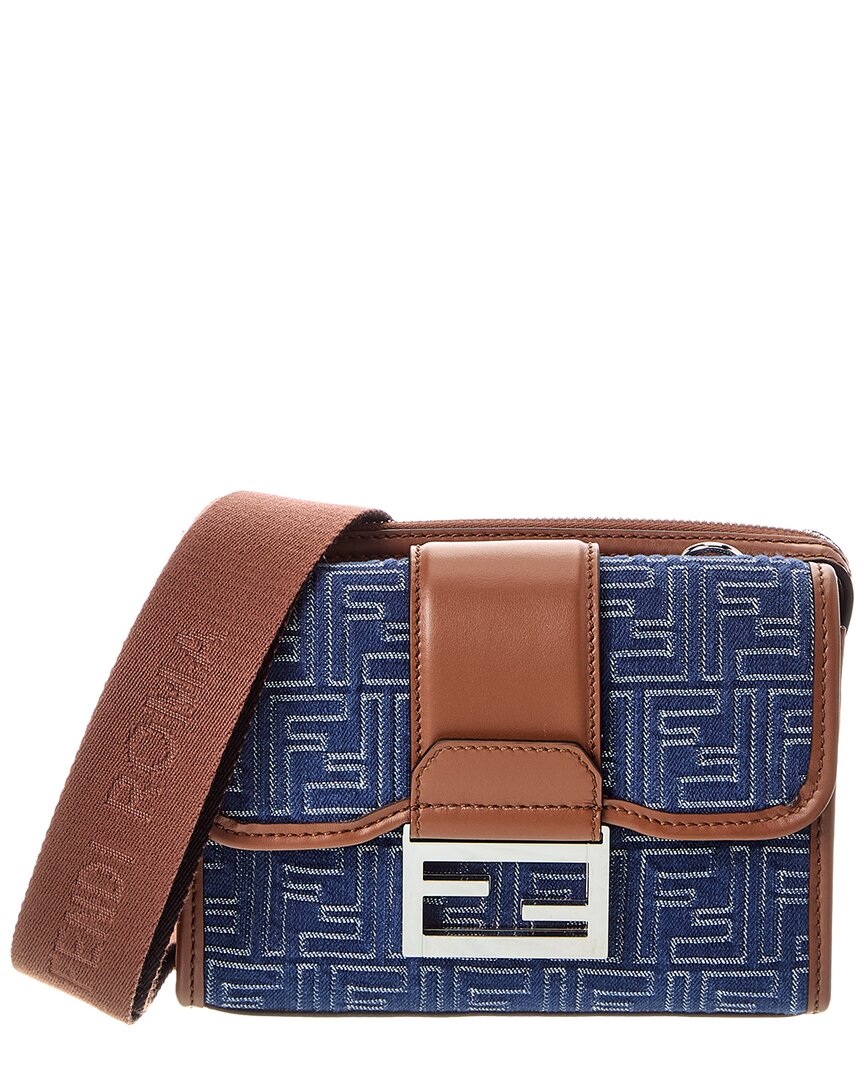 Fendi Handbag Baguette Double Ff & Crossbody Leather Denim Blue Shoulder Bag