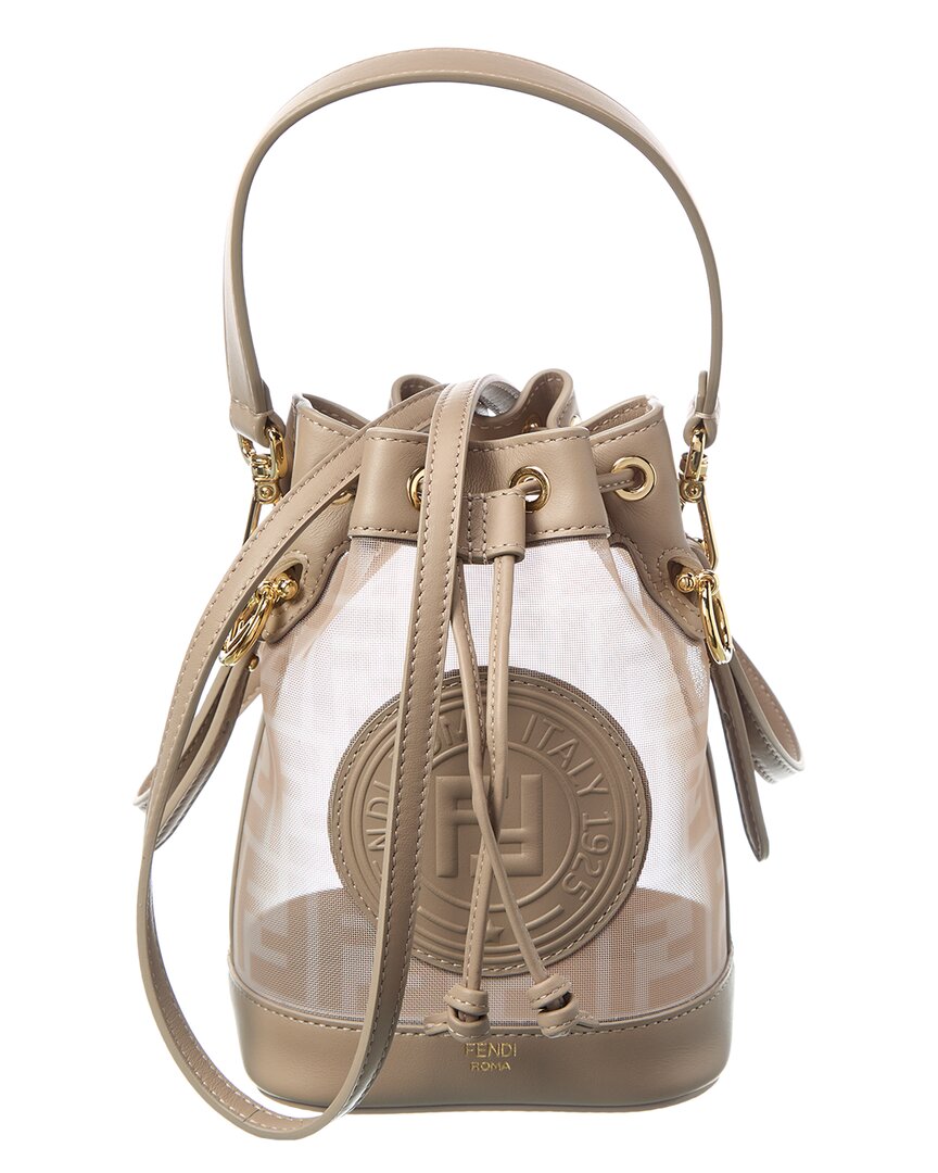 Fendi Handbag Mon Tresor Ff Mesh & Bag Leather Gray Mini Bucket Bag