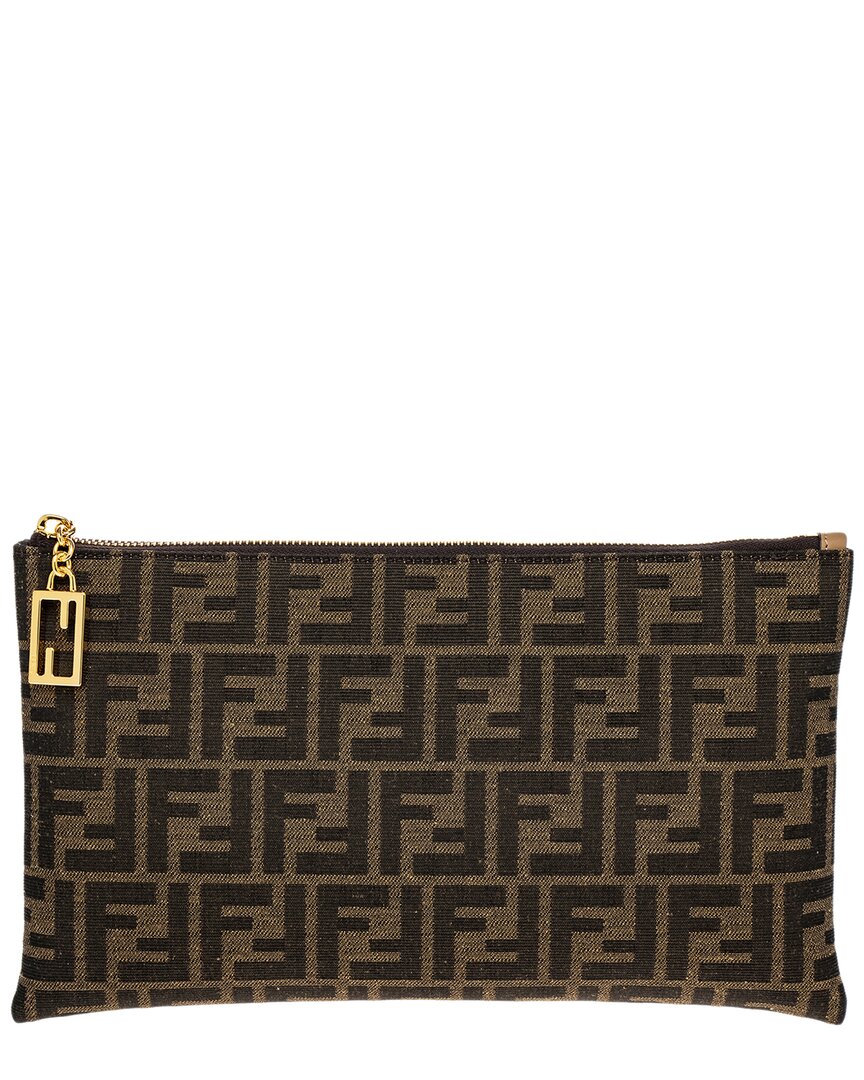 Fendi Handbag Flat Baguette -Trim Pouch Leather Beige Medium Shoes