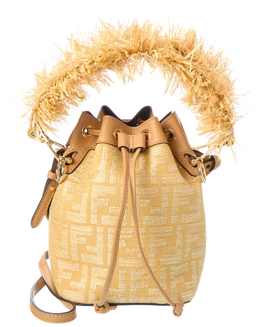 Fendi Handbag Mon Tresor & Bag Leather Raffia Beige Bucket Bag