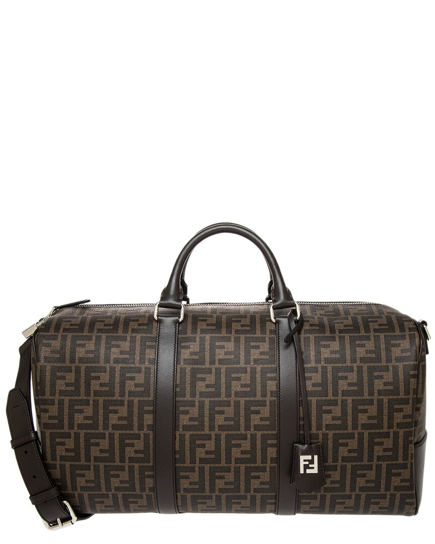 Fendi Handbag Ff & Duffel Bag Leather Canvas Brown Travel Bag