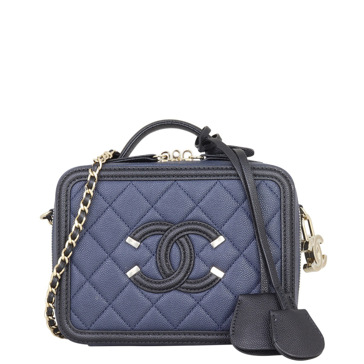 Chanel CC Filigree Vanity Case Navy Handbag Blue Small