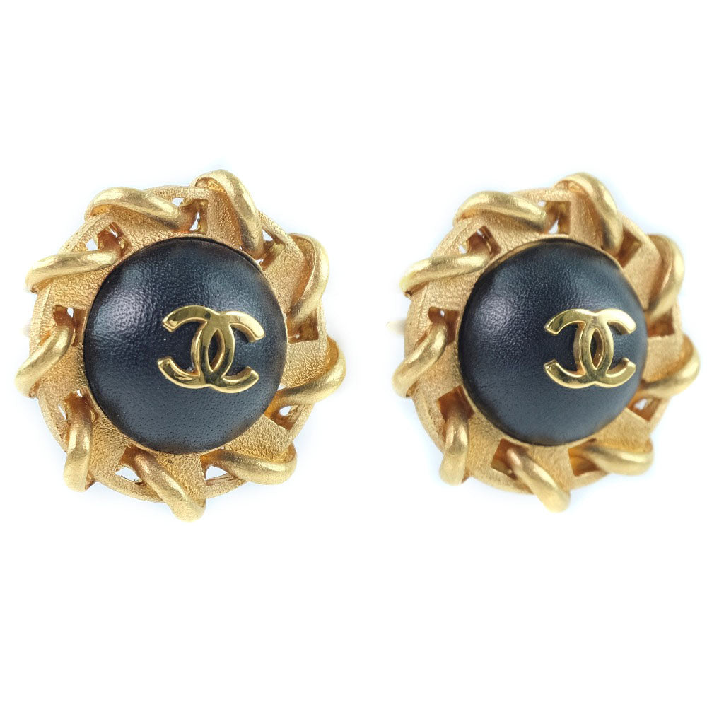 Chanel Gold Plated Leather Earrings Jewelry
