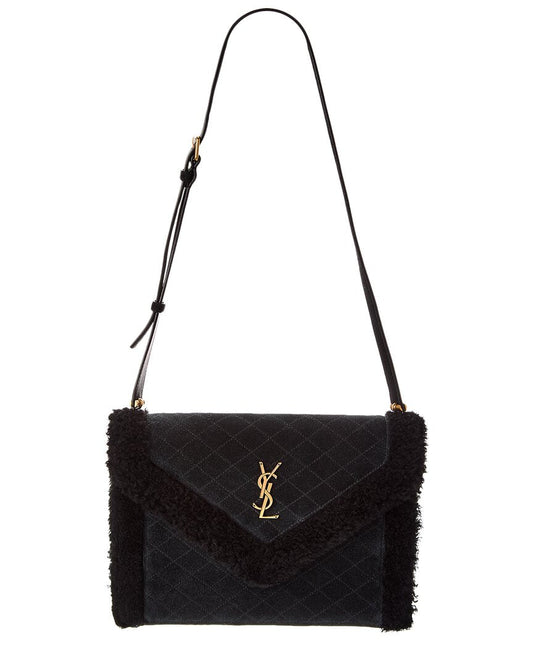 YSL Saint Laurent Gaby & Shearling Shoulder Bag Suede Black
