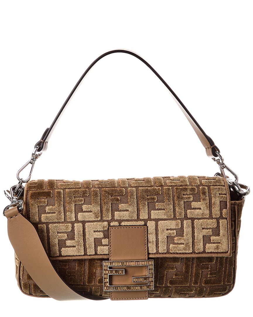 Fendi Handbag Baguette Ff Jacquard Velvet & Shoulder Bag Leather Beige