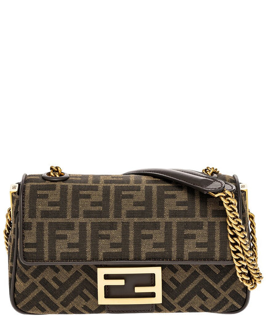 Fendi Handbag Baguette Midi -Trim Shoulder Bag Leather Brown Chain
