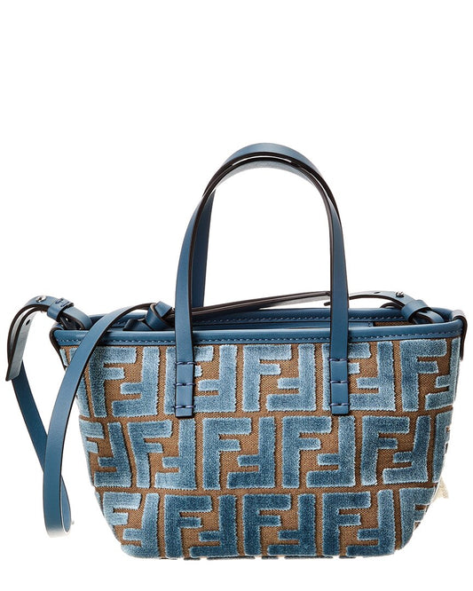 Fendi Handbag Roll Ff Jacquard Velvet & Tote Leather Blue Mini Tote Bag