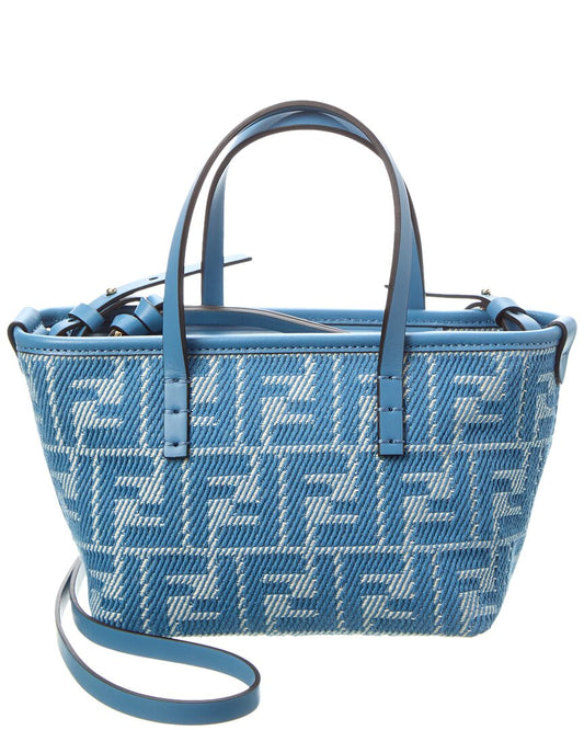 Fendi Handbag Roll Ff Jacquard & Tote Leather Blue Mini Tote Bag