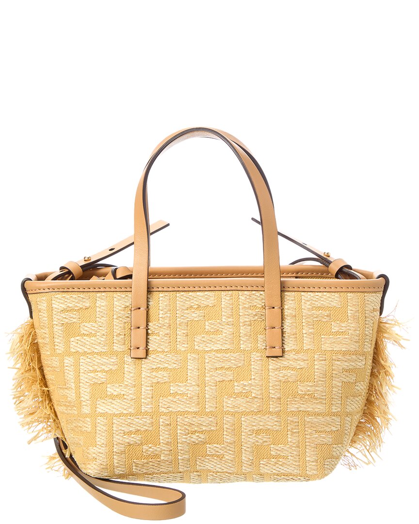 Fendi Handbag Roll Ff & Tote Leather Raffia Beige Tote Bag