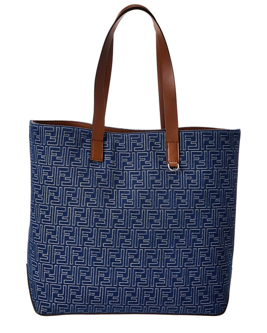 Fendi Handbag Ff & Tote Leather Denim Blue Tote Bag