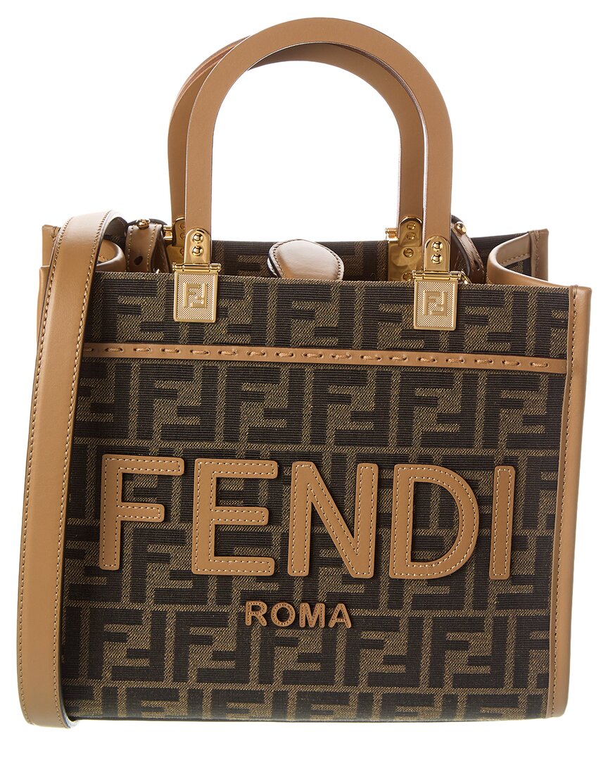 Fendi Handbag Sunshine Ff Jacquard & Tote Leather Brown Small Tote Bag